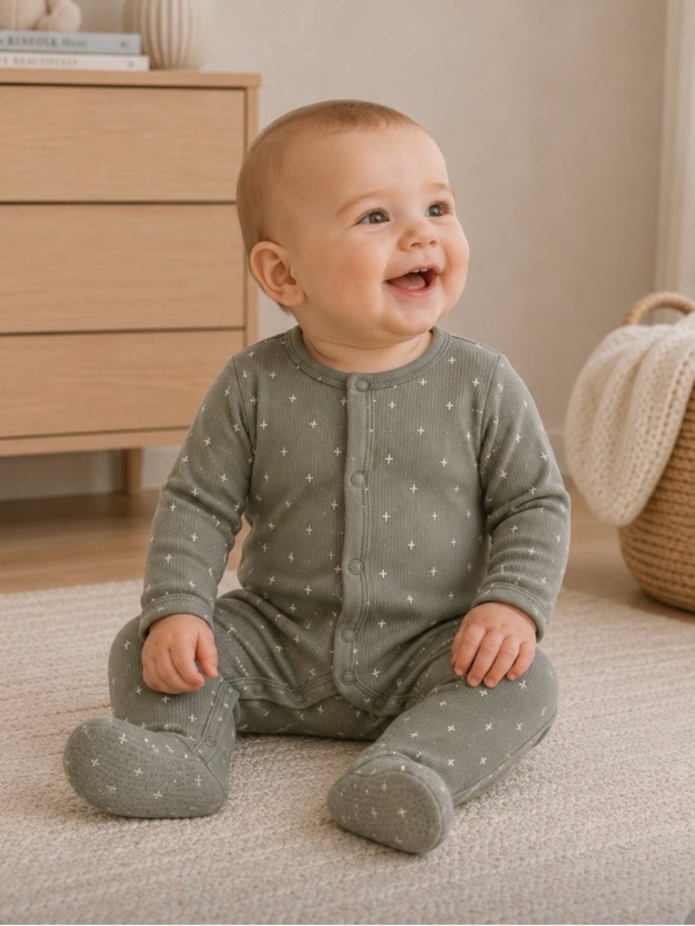 2 Left: Quincy Mae Footed Sleeper, 100% Organic Cotton, Sea (Sage Green), 6-12m